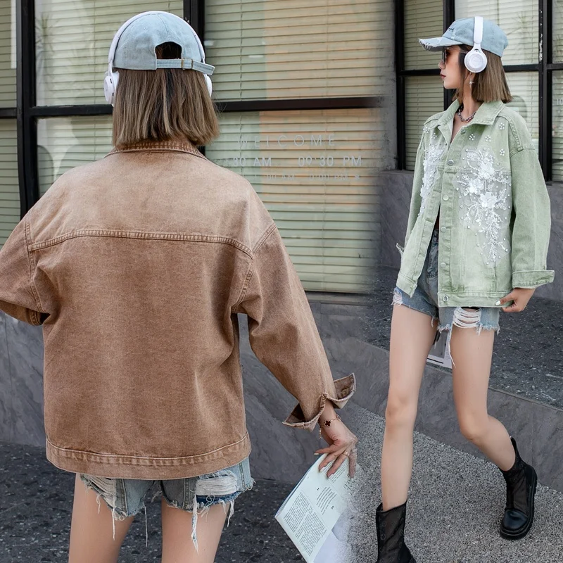 Women's Denim Jacket Spring Design Sense Pearl Embellished Casual Coat  Collar Button up Long Sleeve Loose Fit Outerwear