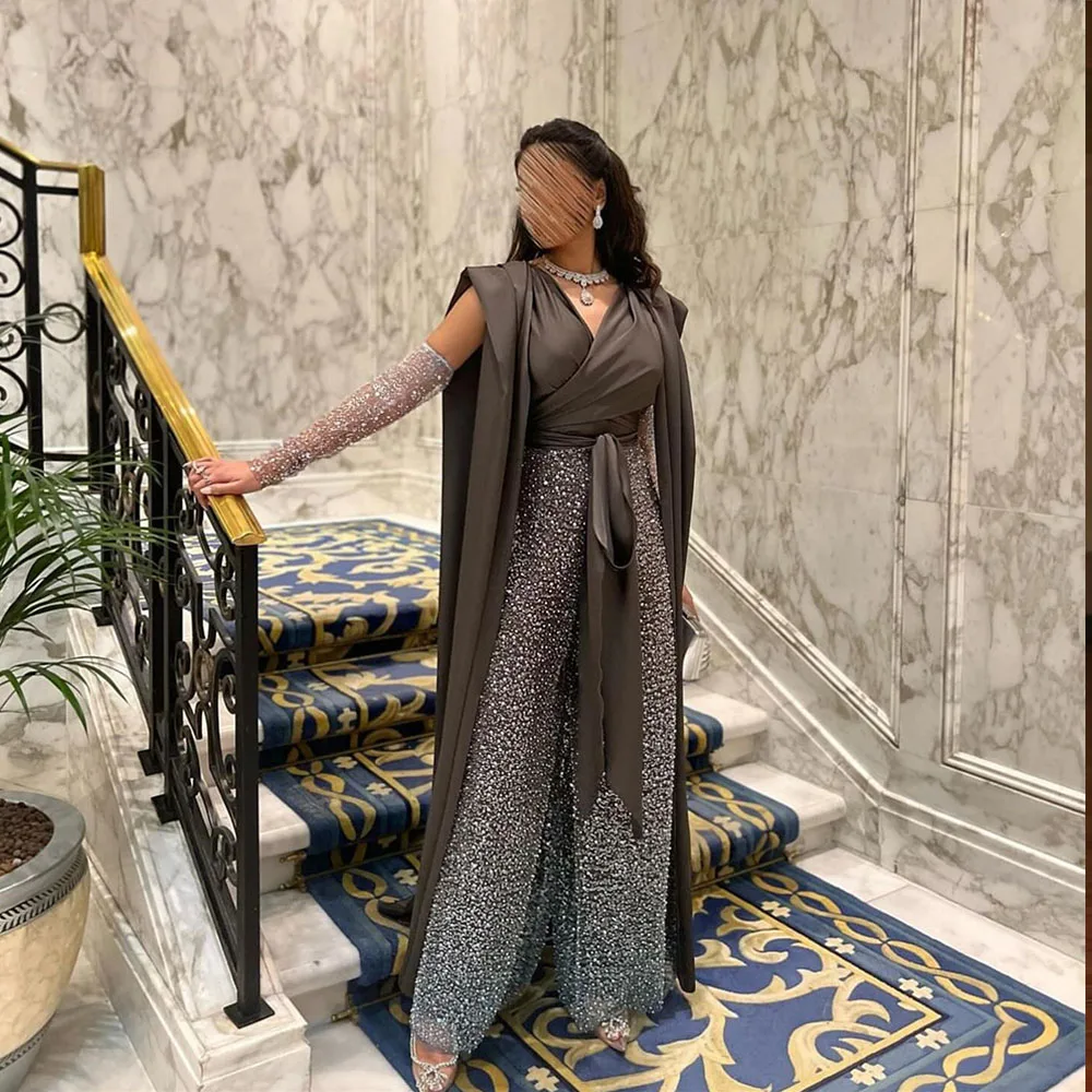 

Gorgeous Prom Gown for Women V-Neck Detachable Sleeves Ankle-Length Exquisite Evening Party Dresses فساتين للحفلات الراقصة