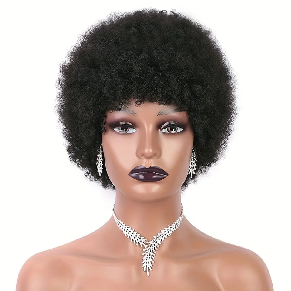 Kinky Curly Human Hair Wigs With Bangs Brown Short Pixie Cut Human Hair Wigs For Women Machine Afro Kinky Curly Human Hair Wigs