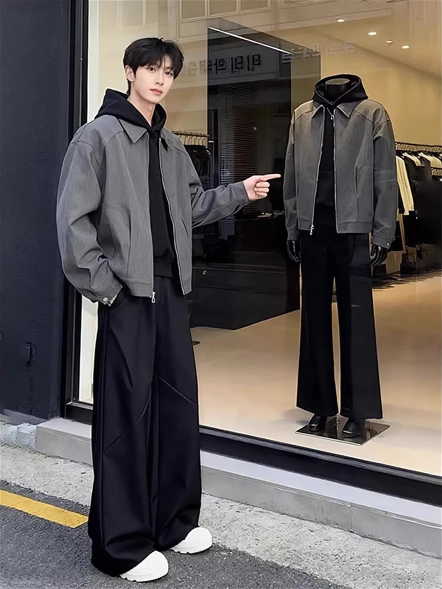 Cleanfit Shoulder Pad Short Jacket Men's Fashion Admin Casual Zipper Closure Long Sleeve Youth Popular Outerwear Coat