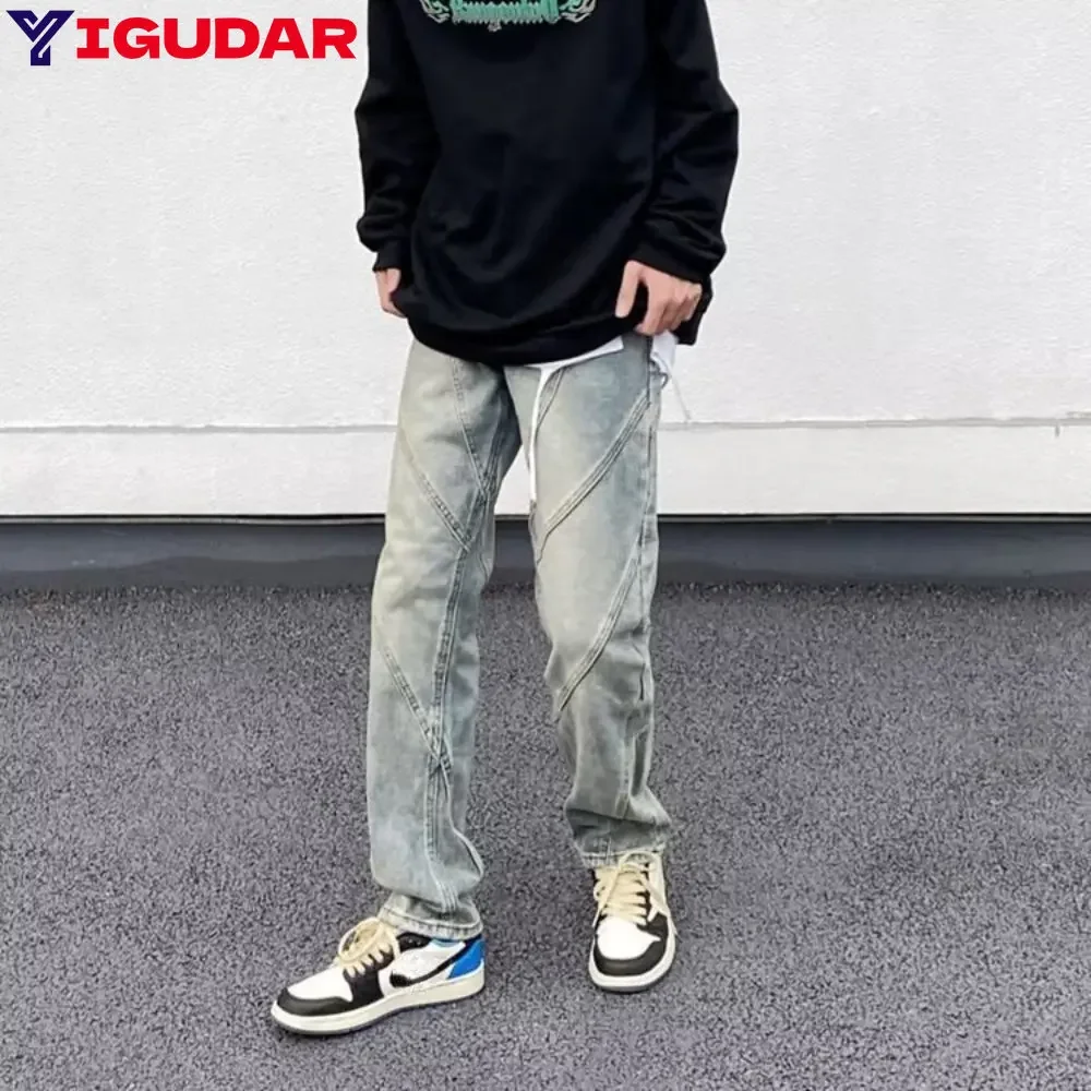 Man Jeans Printed Yellow Mud Dyed Y2k Jeans Men American High Street Pants Retro Loose Straight Hundred Wide Leg Long Pants