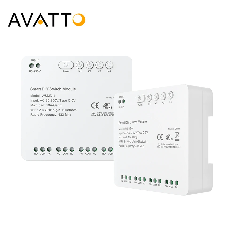 AVATTO Tuya WiFi Switch Module ,7-32V/85-250V RF 433 DIY 4 Channels Relay Module Remote Control For Alexa,Google Home,Alice