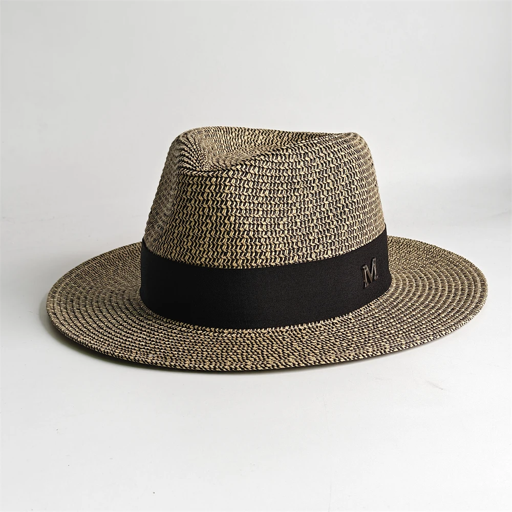 Classic Wide Brim Straw Panama Hat Unisex Summer Sun Cap Luxury Metal M Band Fedora Elegant Beach Visor with Velcro Adjuster view 5