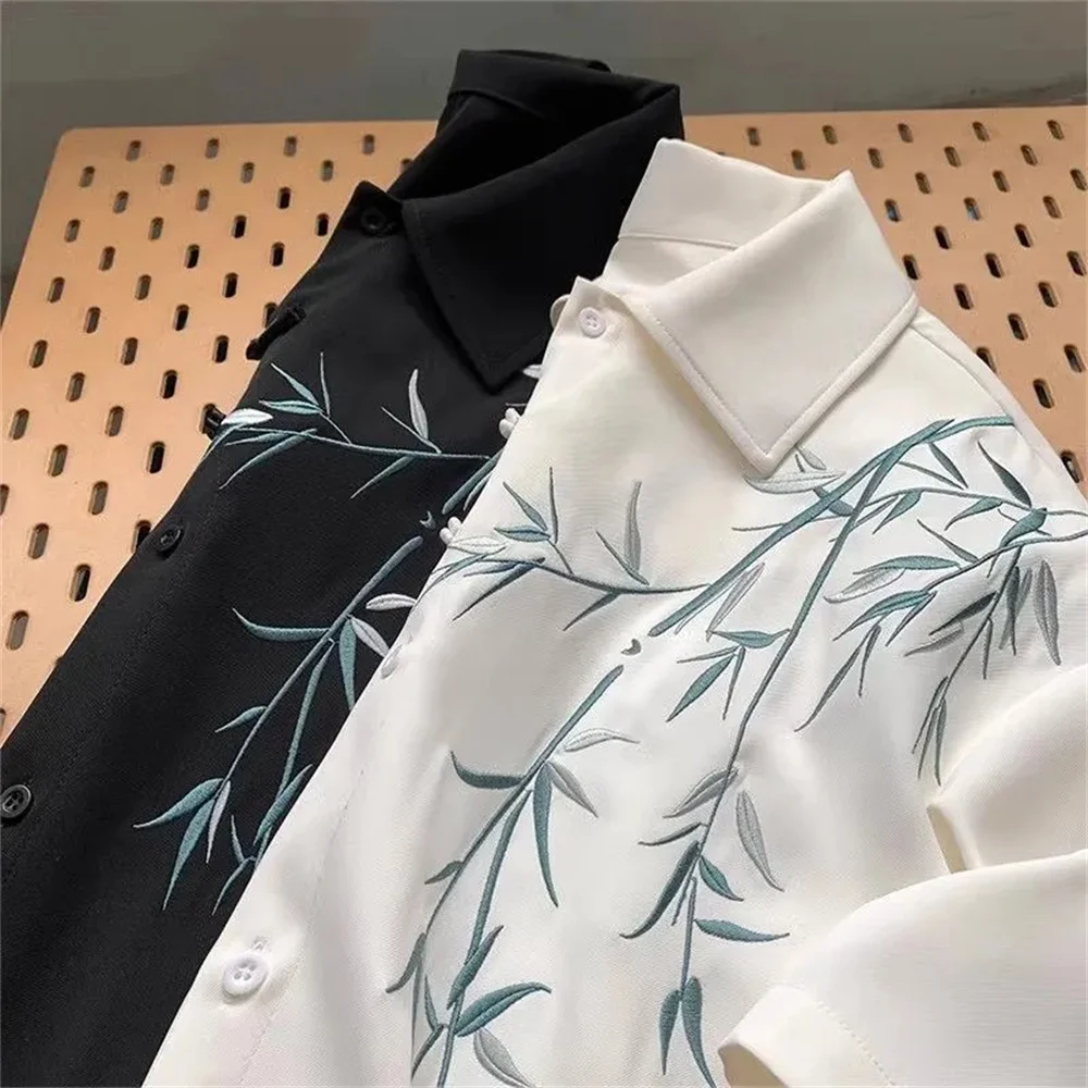 New Chinese style bamboo embroidery short-sleeved shirt male summer casual Tang suit coat ruffian high-grade sense of lining clo