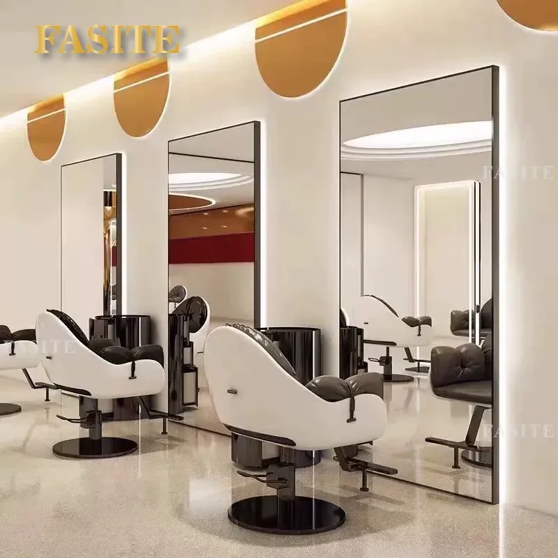 For Barber Shop Wall Mounted Floor to Ceiling Mirror Table Single Double Sided with Lights Commercial Hairdressing Station