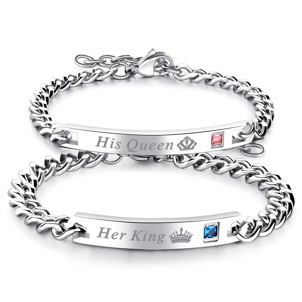 Her King His Queen Couple Bracelet For Women Men Custom Engraving Name ID Stainless Steel Bracelet Lover Gift