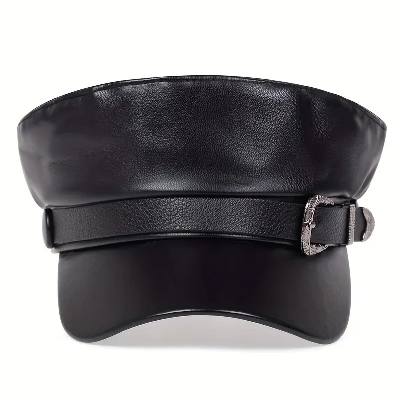 Fashion Women Large Belt Buckle Leather Hat Spring Autumn Sailor Hats Black Ladies Beret Caps Men Flat Top Captain Military Caps