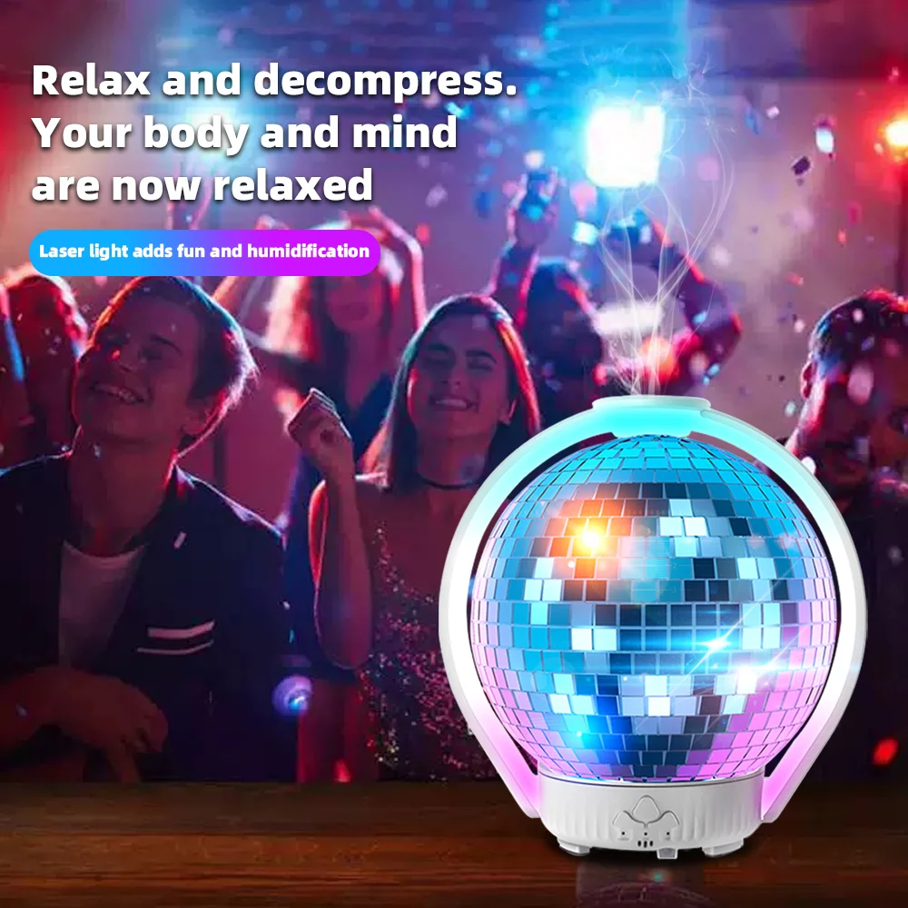 Humidificador de aromaterapia con luz LED 360 °   Bola láser de rotación Atmósfera romántica Silencioso, relajante, incluye 3 aceites esenciales