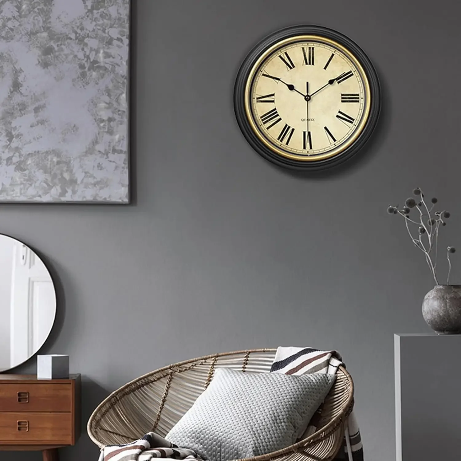 Reloj de pared europeo Vintage, reloj montado en la pared fácil de leer con números romanos/árabes silenciosos sin perforar para decoración del hogar