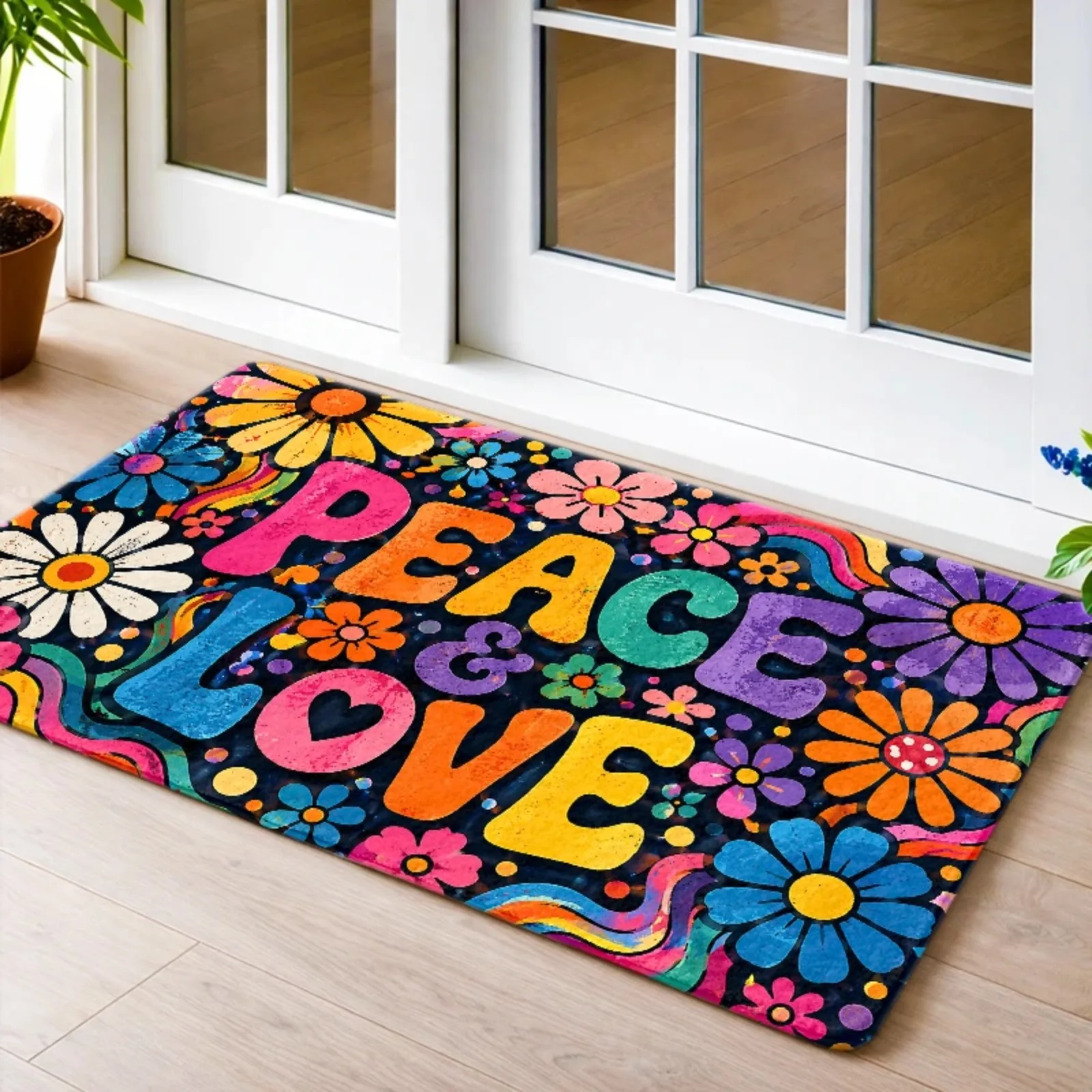 Retro Hippie Peace And Love Flower Printed Doormats, Durable, Machine-Washable Bath Mat, Entrance Mat, Door Mat, Kitchen Mat, Bedroom Rug, Living Room Rug, Office Mat, Balcony Mat, Corridor Mat, Universal for Indoor Scenes
