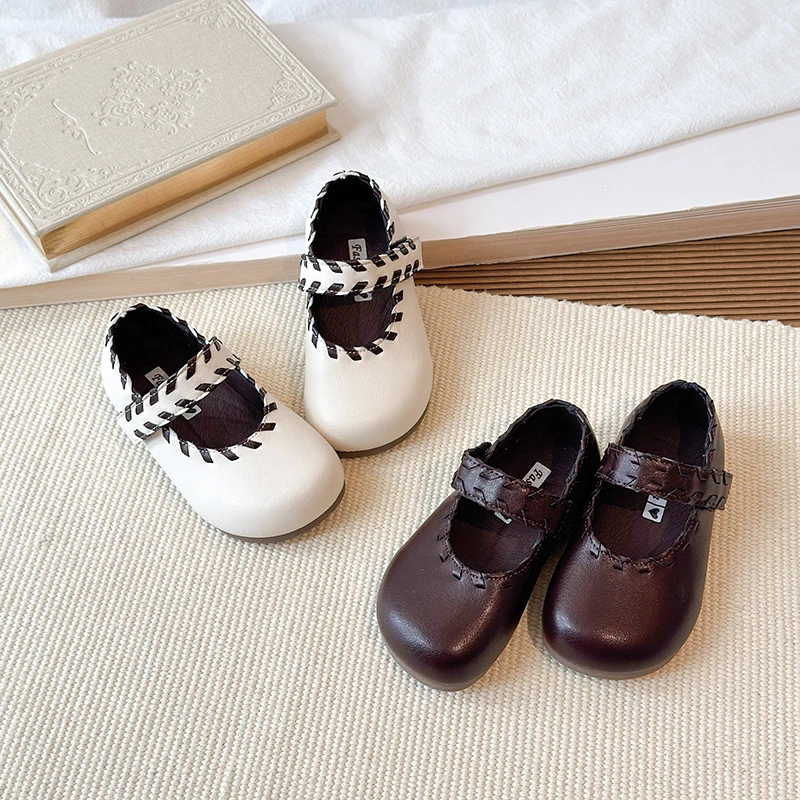 

Girls Leather Mary Jane Flats Cow Print Patchwork Solid Color Velcro Strap Round Toe Casual Daily Footwear Kids Shoes for Boys