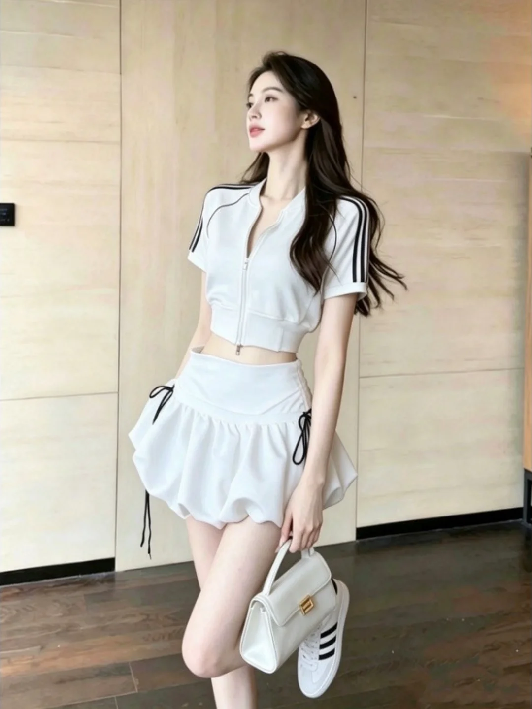 

Summer Fashion Short Sleeve T-Shirt Women's Sport Outerwear Cardigan Slimming Flower Bud Short Skirt Set Breathable High Waist