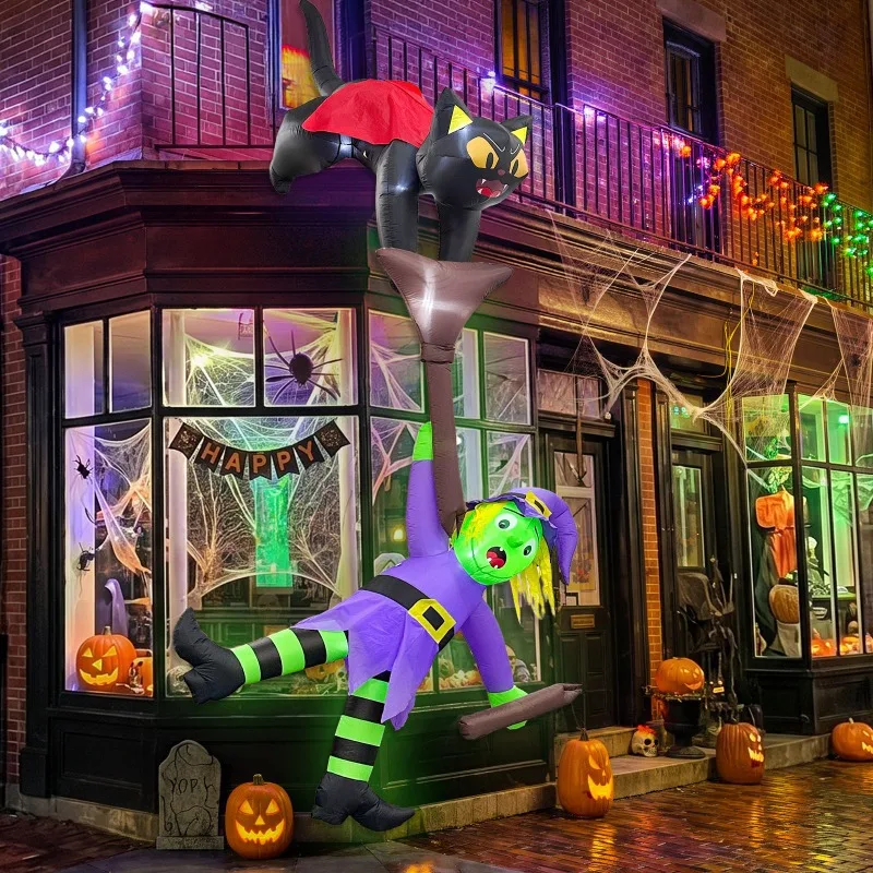 Air mold garden ornament roof LED Halloween inflatable decoration cat pull witch broom