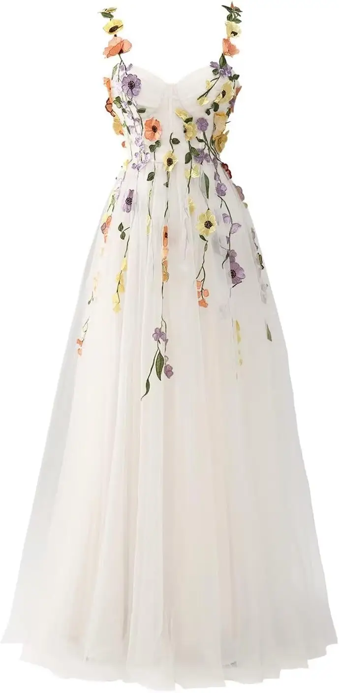 Abiti da ballo con applicazioni floreali 3D Fiore Tulle Abito da sposa lungo da sera formale Abito da sposa Abito da sposa semplice Abito da matrimonio