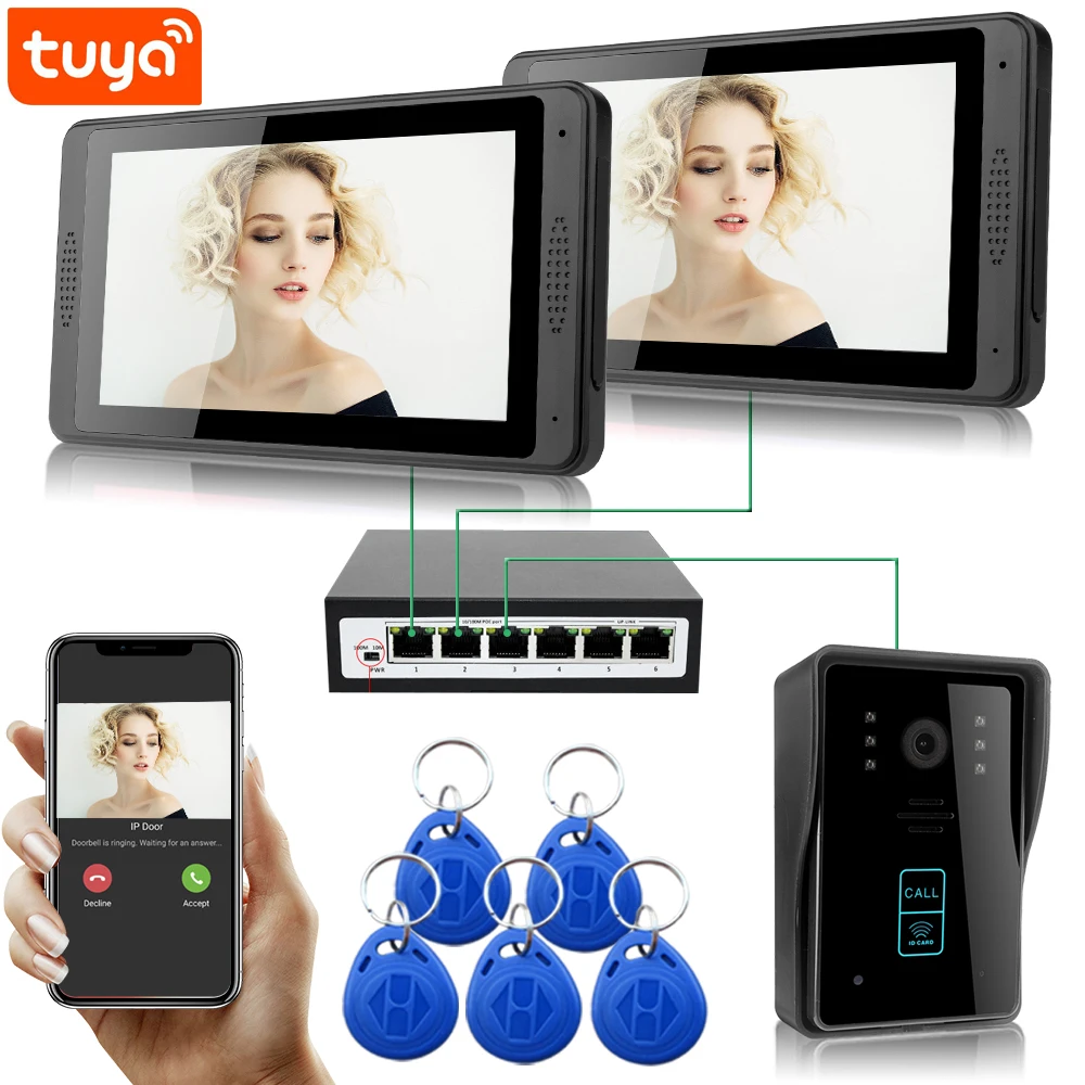 SYSD Tuya WIFI 7 Inch Touch Screen IP POE Video Intercom System Support dahua hikvision Camera With RFID Doorbell Camera