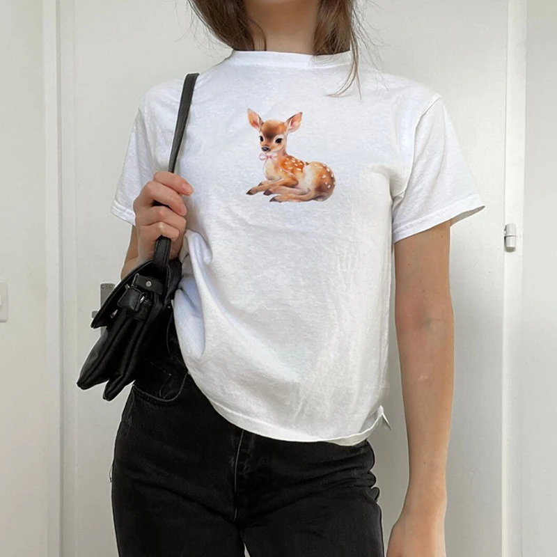 Punk Street Clothing Slim Fit T-shirt Retro Women's Deer Print Beautiful and Cute Baby T-shirt Y2K Clothes Gothic Emo Girls