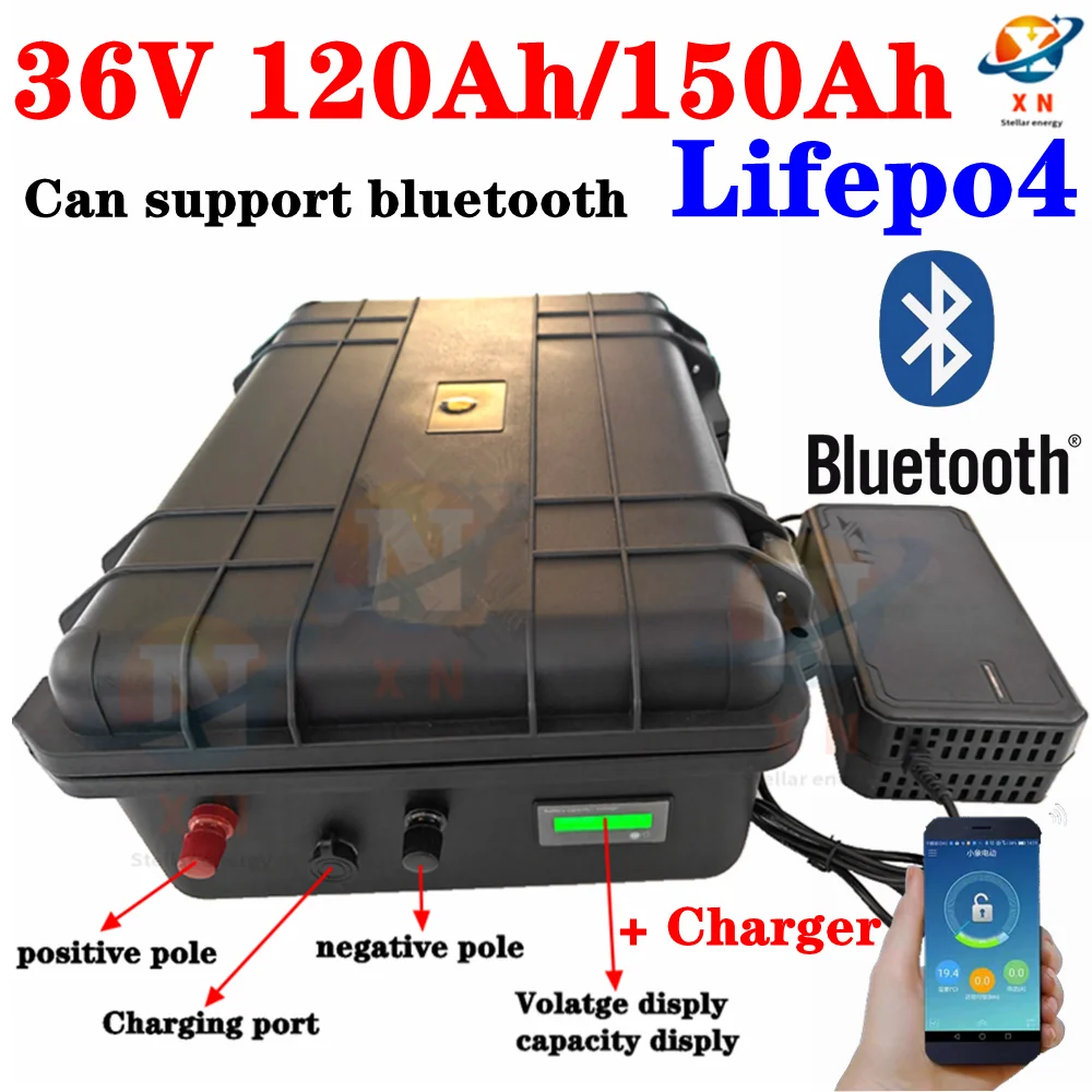 

Литиевая батарея lifepo4, 36 В, 4000 Ач, Ач, bluetooth, приложение BMS для мобильного телефона, велосипеда, скутера, лодки, гольф-мобиля, зарядное устройство 10 А