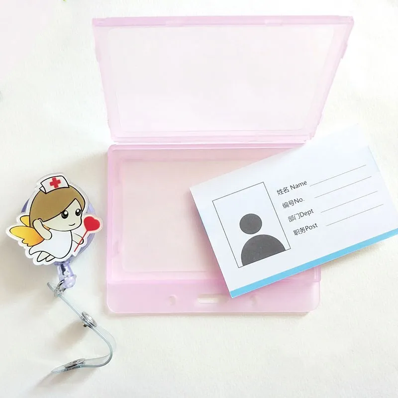 1set Staff Workers Work Card ID Tag Badge Holder with Retractable Cartoon Nurse Doll Badge Reel Horizontal Working Permit