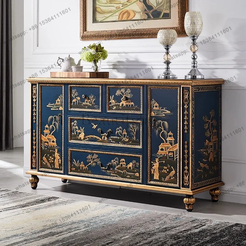 

American light luxury solid wood carving painted dining side cabinet retro style living room entrance cabinet