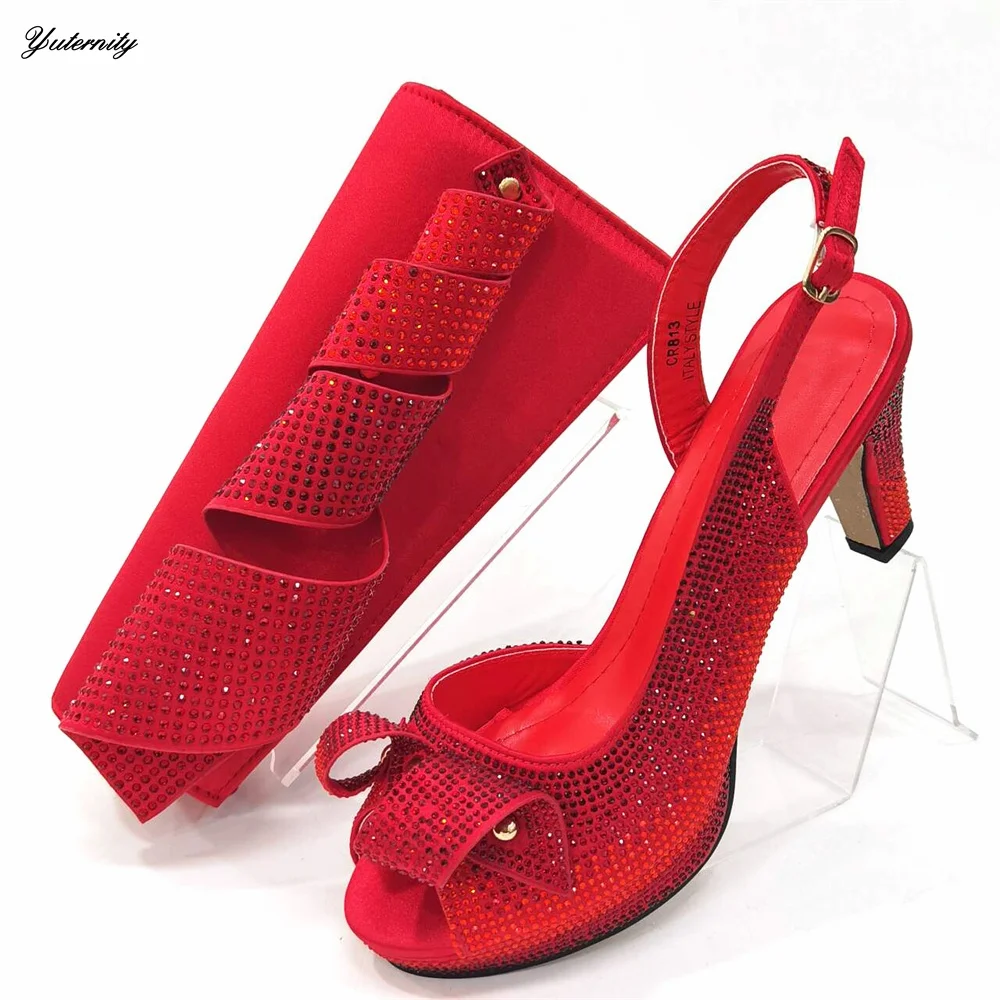 Red Color Elegant Decorated With Crystal Sandal Shoes And Bags For Women Italian Style High Heels Party Shoes And Bag Set