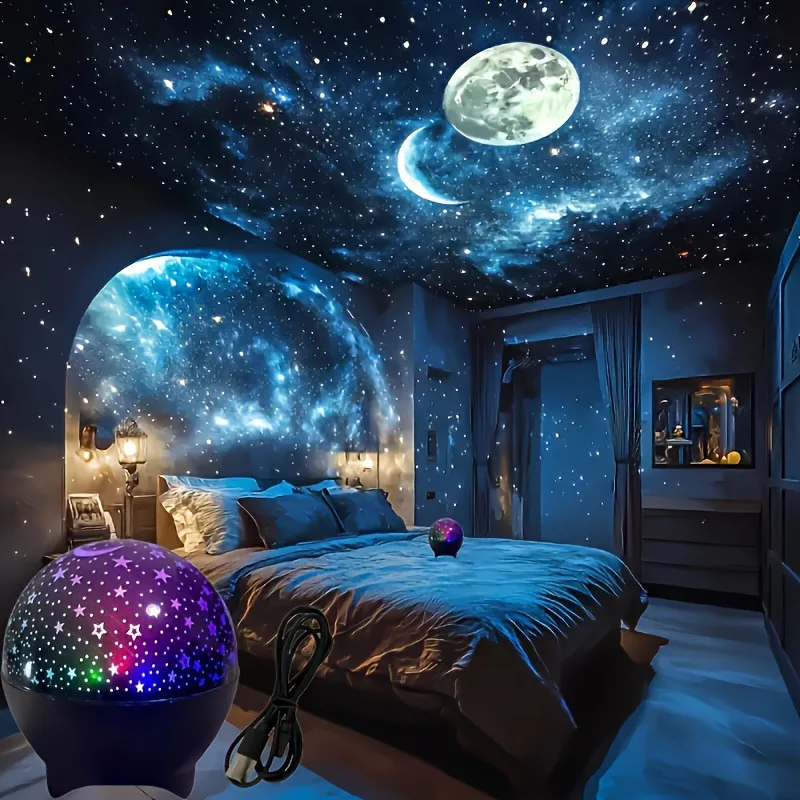 Proyector de luz de cielo estrellado y Luna, 7 modos, luz LED nocturna, luz estroboscópica colorida USB, enchufe USB para decoración de galaxia de fiesta en habitación de niños