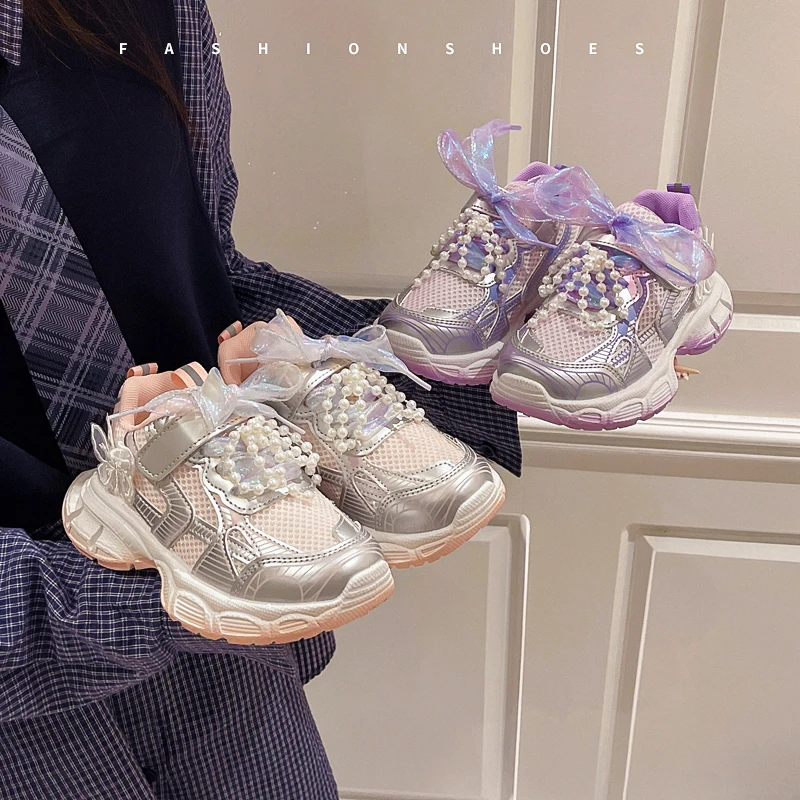 Sepatu Putri Anak Perempuan Sepatu Kets Anak Warna Permen Manis Trendi 2025 Sepatu Lari Anak Musim Semi Musim Gugur Mutiara Bersirkulasi Jaring