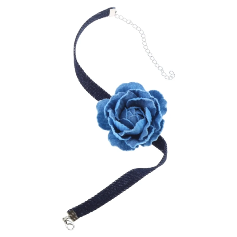 Fashion Blue Rose Flower Choker Necklace Comfortable Collar Necklace for Women Girls Elegant Butterfly Fringe Choker