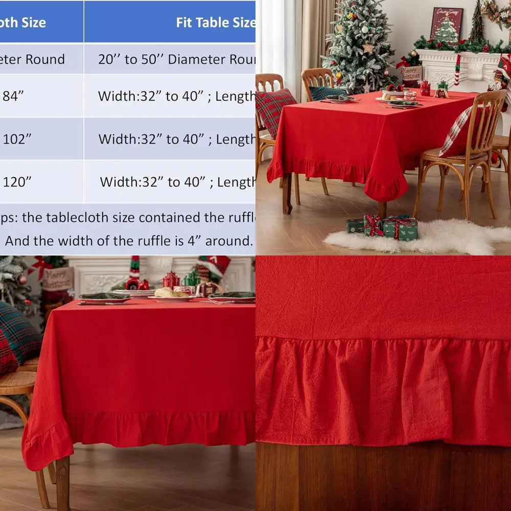 

Red 60x120 Ruffled Washable Cotton Rectangle Tablecloth for Kitchen Dining and Holiday Parties