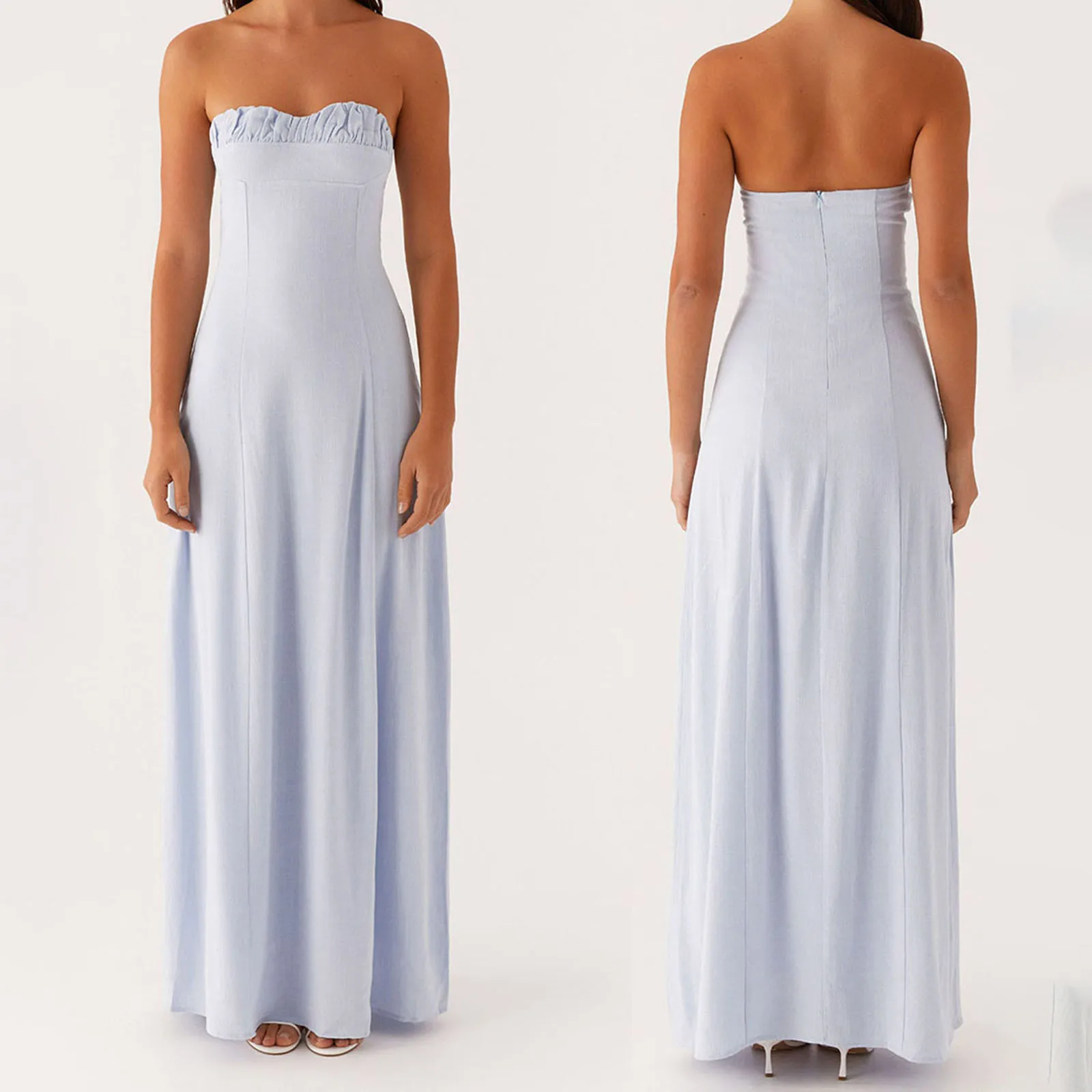 Boho-Damen-Bandeau-langes Kleid, ästhetisches Blumen-/einfarbiges, schulterfreies, ärmelloses A-Linien-Abendkleid mit Rüschen für Strand, Party, Club