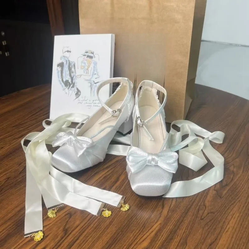 Fashion Women's Single Shoes, 2025 Summer New Style, Square Toe, Satin Surface, Strap, Bow Tie, Lolita High Heel Mary Jane Shoes
