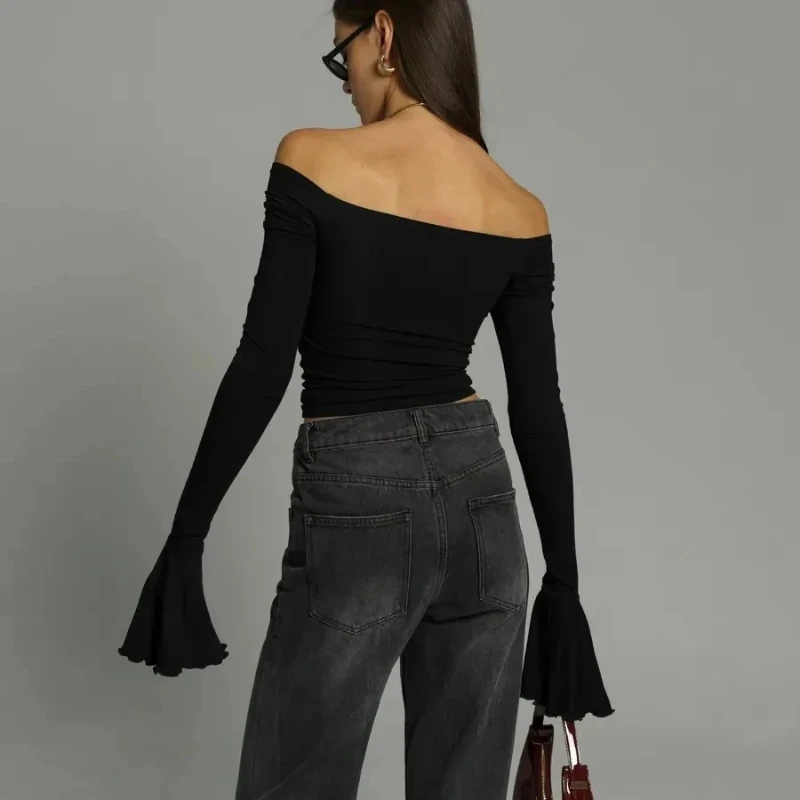 Autumn Pure Color Sexy Off Shoulder Slim Fit Fold Bow Frill Trumpet Sleeve Long Sleeved T-shirt Temperament Top Women's Clothing