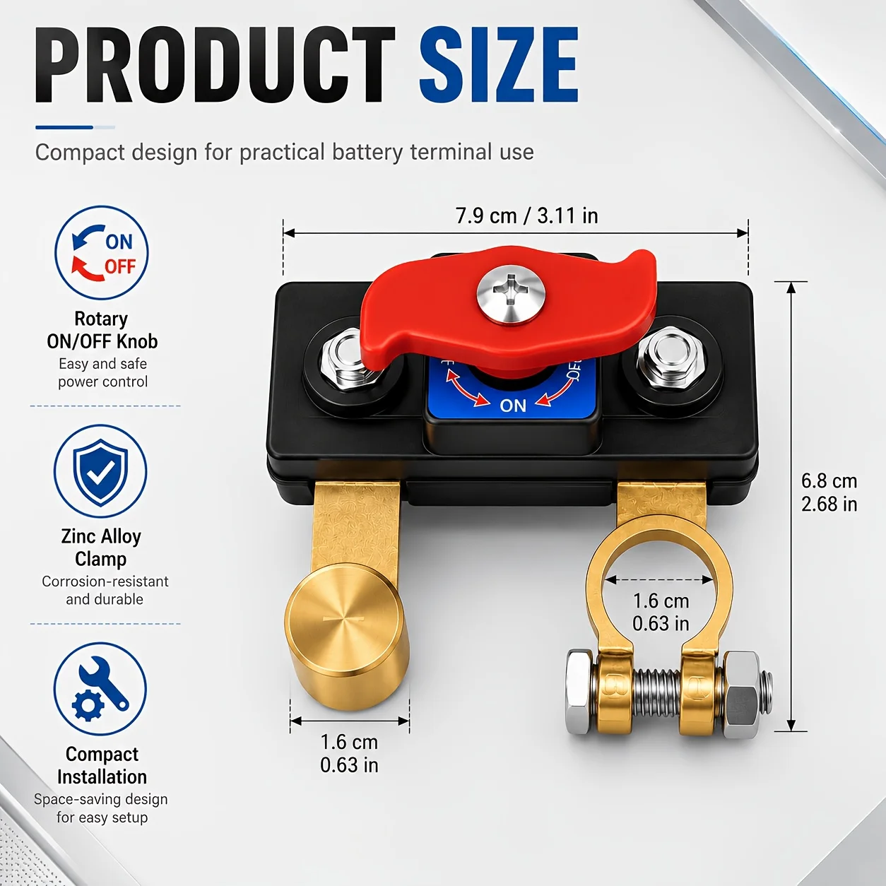 Battery Disconnect Switch, 12V‑48V Solid Brass Battery Cut‑Off Switch, Rotary Power Isolator Switch for Car Truck RV Boat ATV Pr