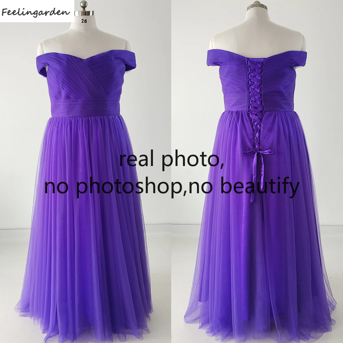 

Feelingarden Evening Dress Real Photo Plus size Purple Tulle Off the Shoulder Pleat Lace up A-line Floor Length Lady Party Gowns