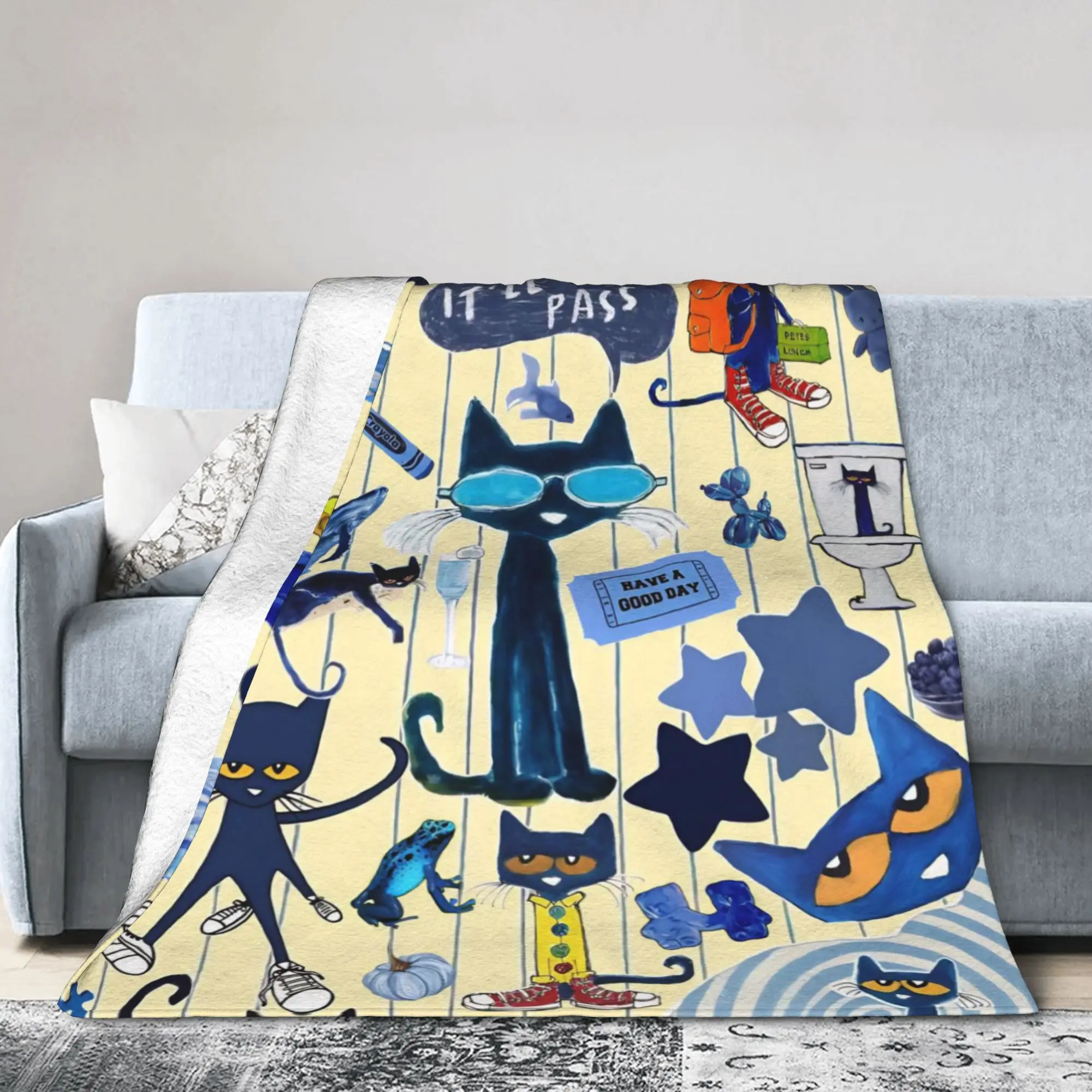 Pete The Cat Cartoon Flannel Blanket  Customized Throw Blankets for Home 125*100cm Bedspread