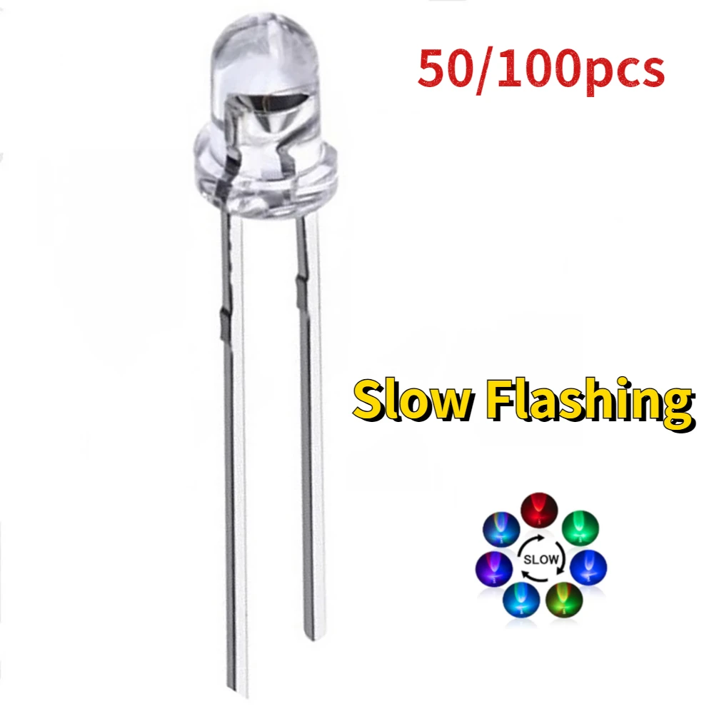 50/100PCS 3MM & 5MM transparent LED Diodes colorful Fast and Slow Flashing F3 F5 DIP Lights