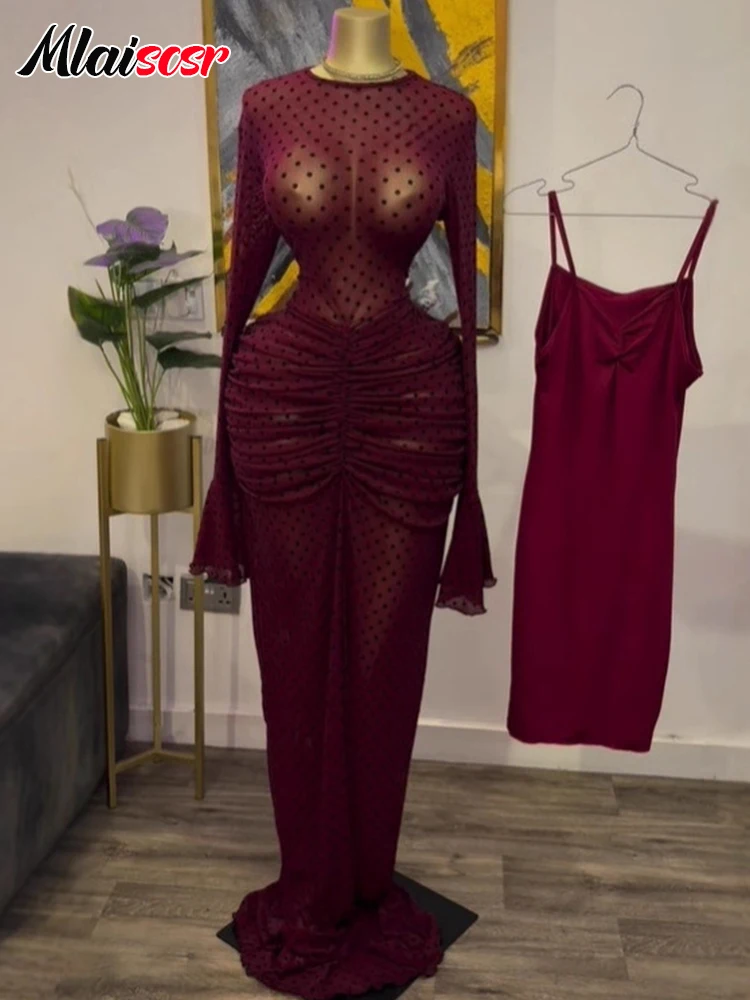 Mlaiscsr エレガントな長袖スタックドレースメッシュシースルーブラックマキシドレス女性ファッションイブニング誕生日休暇 Vestidos