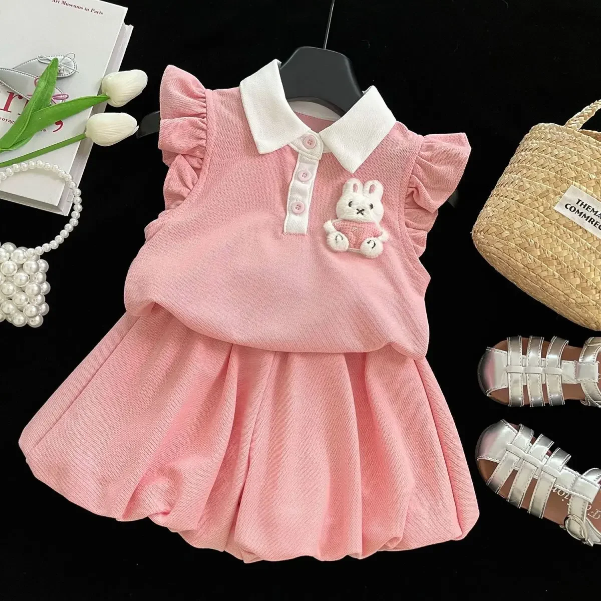 

Модная детская одежда на день рождения, Vestidos, 2024, летняя одежда для девочек, повседневные платья с милым кроликом и воротником-поло с короткими рукавами