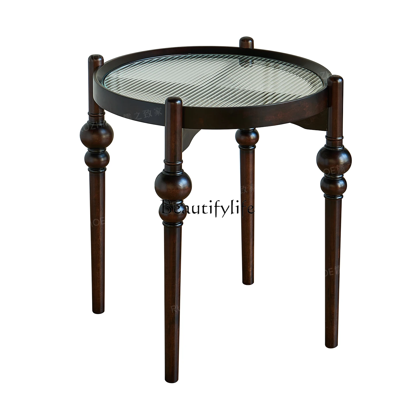 

French medieval pearl round table full solid wood sofa living room rounded corner table retro shelf