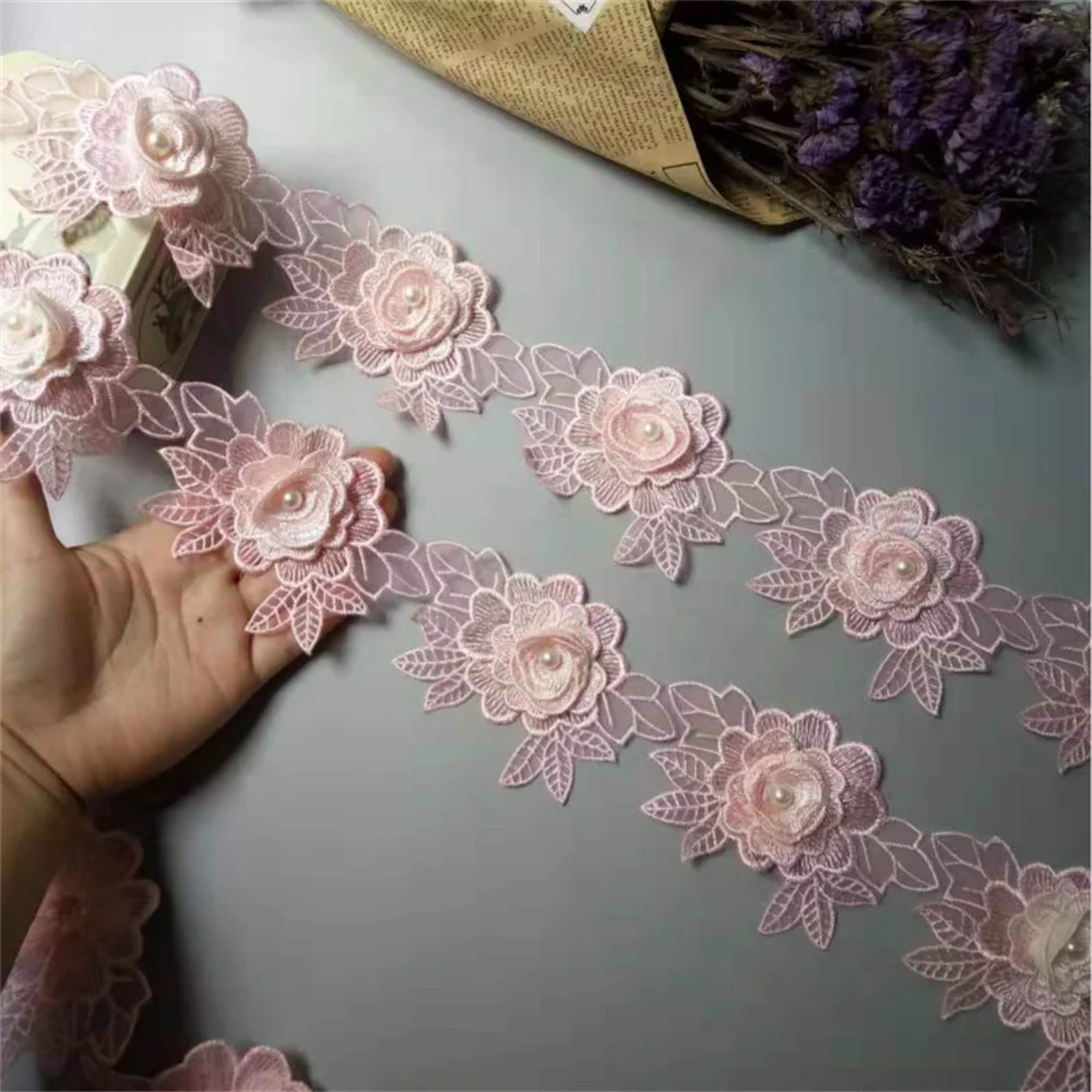 3 yard Pink Polyester Rose Flower Handmade Embroidered Fabric Lace Trim Applique Ribbon DIY Sewing Craft Decoration 11.3cm