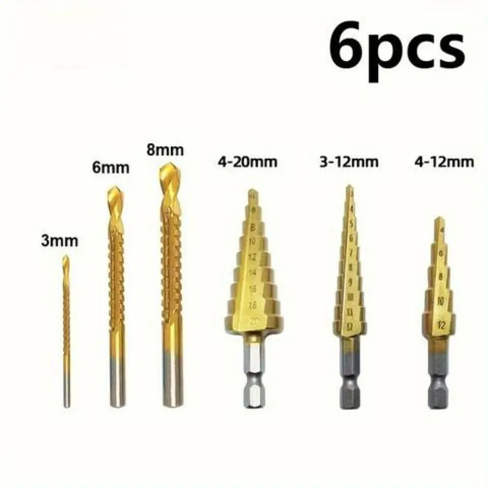 6 Titanium Coated Step Drill Bit Hex Shank Hole Opener Woodworking Carpentry Tool Metal Working Accessory Power Bit Kit