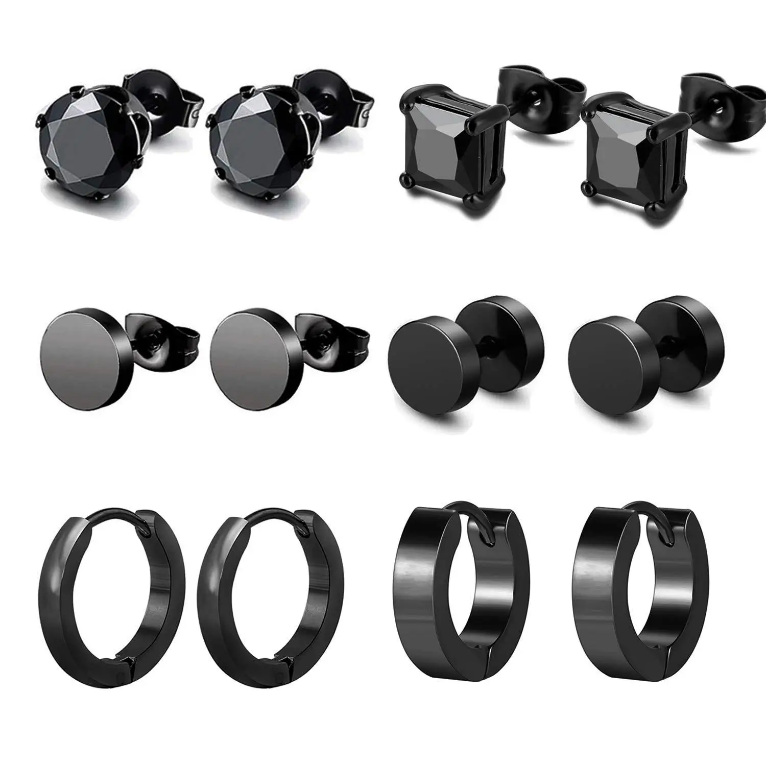 Unisex  Stainless Steel Black Stud Earrings Men's Punk Earring Set Gothic Rock Hiphop Hoop Circle Earring