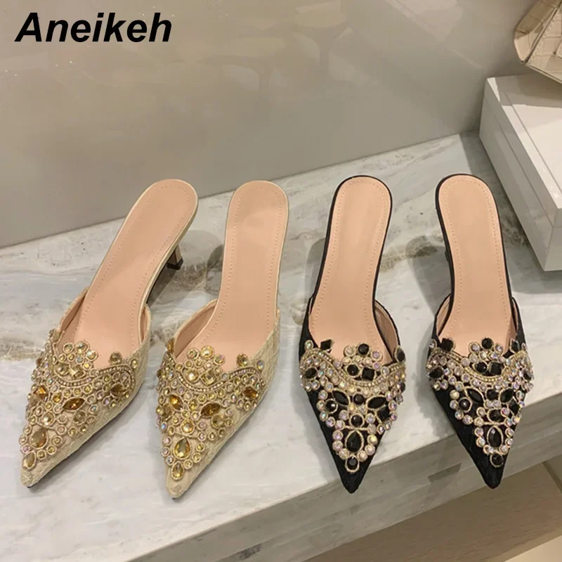 Aneikeh 2026 NEW Spring/Autumn Fashion Women Pointed Toe Pumps PU Thin Heels Retro Appliques Mules Polka Dot Party Slip-On Black