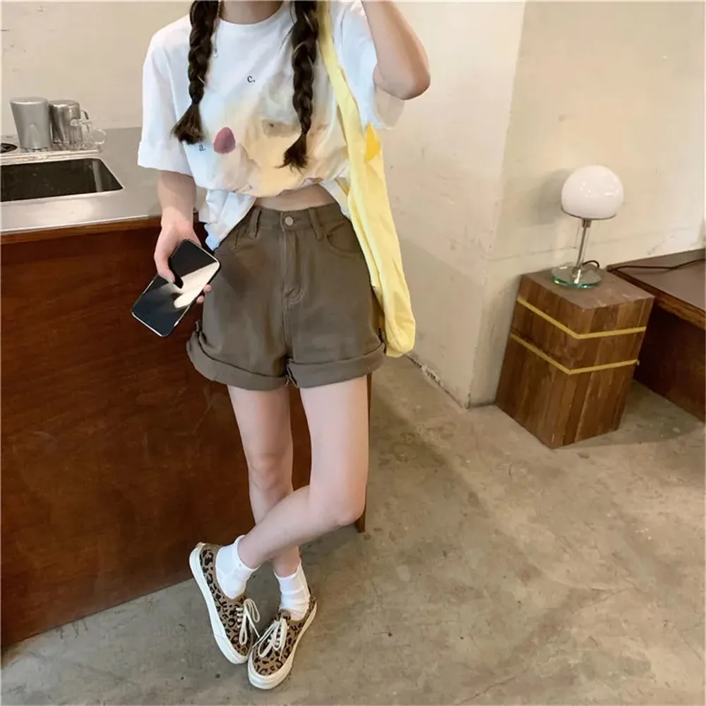 Brown Rolled Wide-Leg Denim Shorts Women Korean Retro High Waist Casual Jeans Pants 2022 Korean Summer Loose A Line Shorts Femme