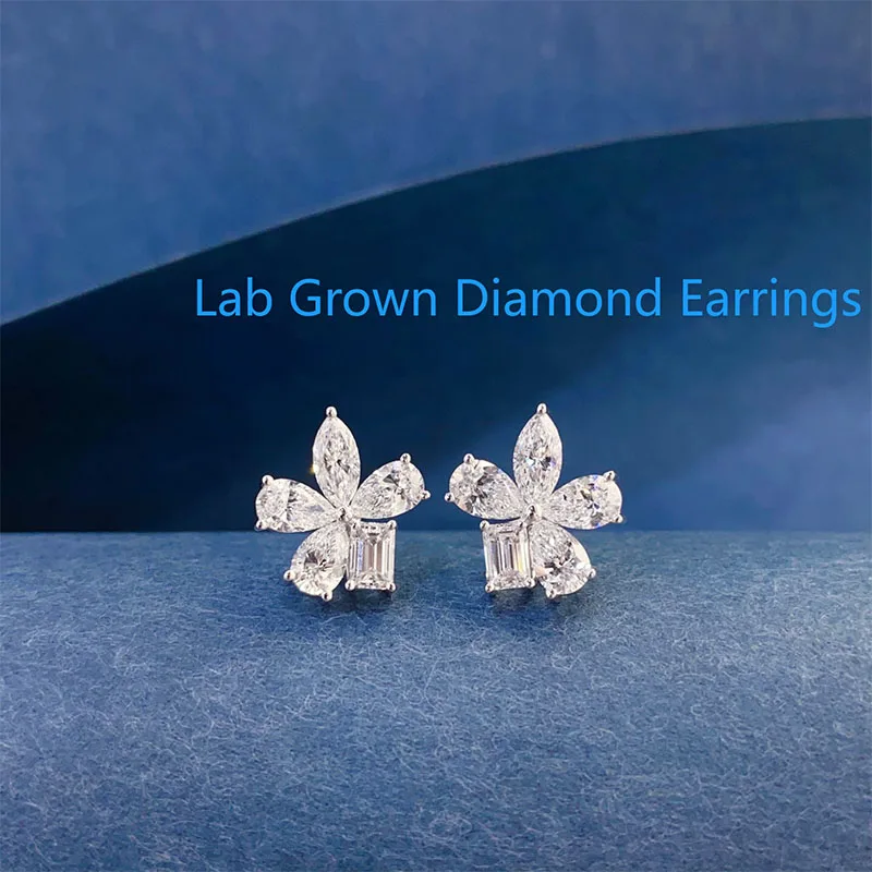 Luxury Pear & Emerald Cut HPHT Lab Grown Diamond DEF VS-VVS Platinum 950 Total 3CTW Prong Setting Stud Earrings Women Fine Jewel
