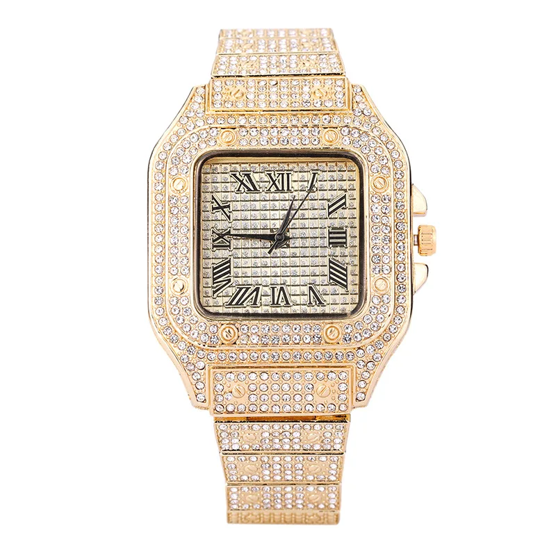 Fashion Full Diamond Square Quartz Watch for Men Women Luxurious Stainless Steel Strap Rhinestone Studded Dial