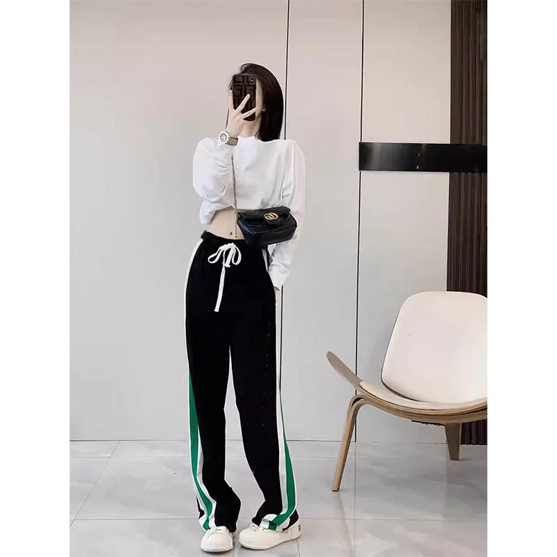 

Plus-size striped casual pants women Spring and Autumn 2024 new elastic high-waist loose thin wide leg tracksuit pants