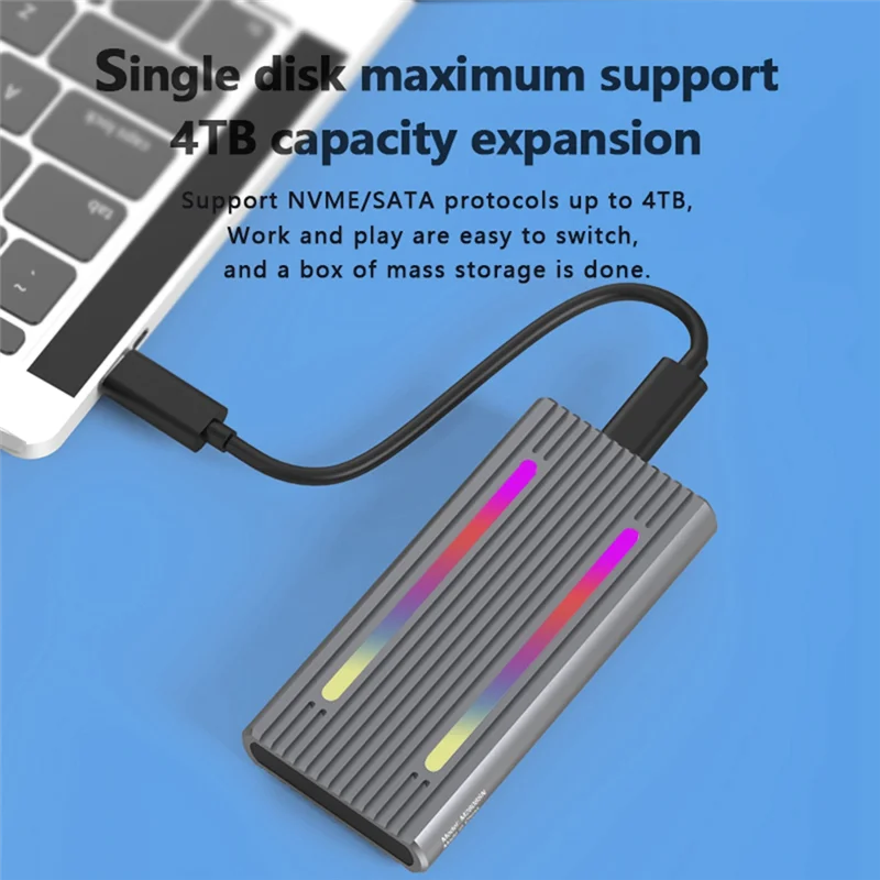 ¡Nuevo! ! Caja USB C de protocolo Dual M2 Nvme SSD, caja SSD Pcie de 10Gbps, caja de disco SSD M.2 Nvme NGFF SATA de 5Gbps con luz LED RGB, Du