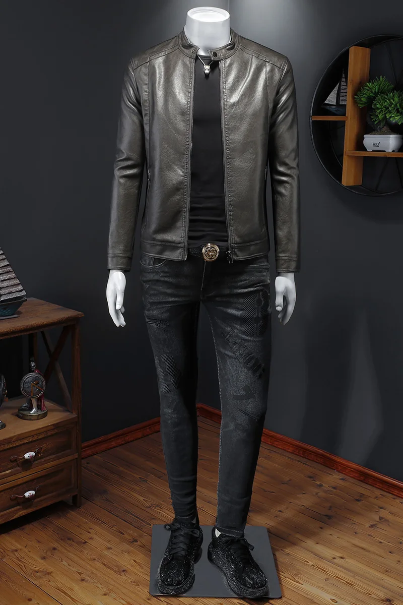 Nouvelle veste d'automne et d'hiver hommes de haute qualité stand up urs zipper slim fit veste en cuir moto veste en cuir M-4XL