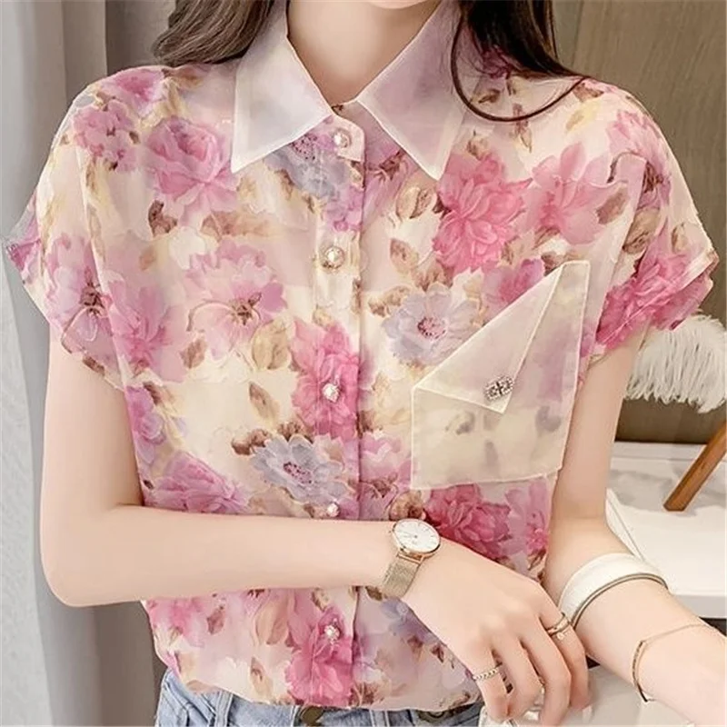 Women\'s Fashion Floral Printed Button Up Chiffon Shirt Summer 2022 Chic Fairy Short Sleeve Loose Ladies Tops Casual Sweet Blouse