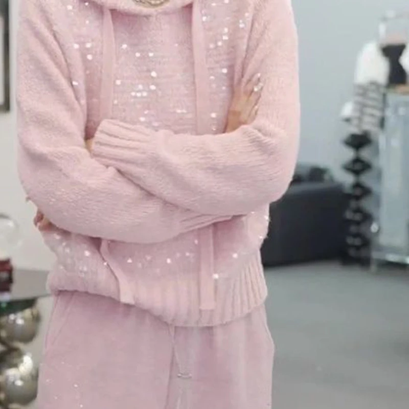 لامعة الترتر قصيرة المرأة البلوز سترة جولة الرقبة محبوك أعلى الخريف نمط جديد الحد الأدنى الراقية الشعور أنيقة